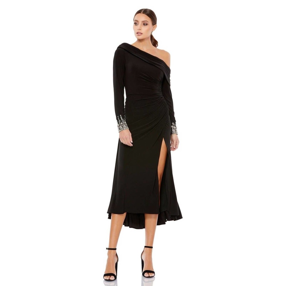 MAC DUGGAL 26485 FOLDOVER LONG SLEEVE JEWELED CUFF BLACK MIDI DRESS 8 NWT